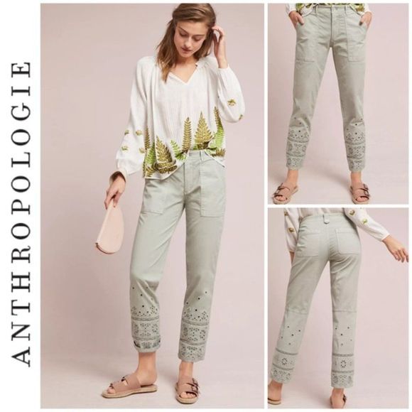 Anthropologie Pants - NWT Anthropologie 31 The Wanderer Mint Floral Eyelet Utility Trouser Pants
